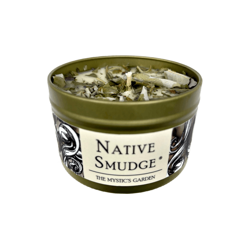 Native Smudge candle in a gold tin showing the top and front label set on a white background