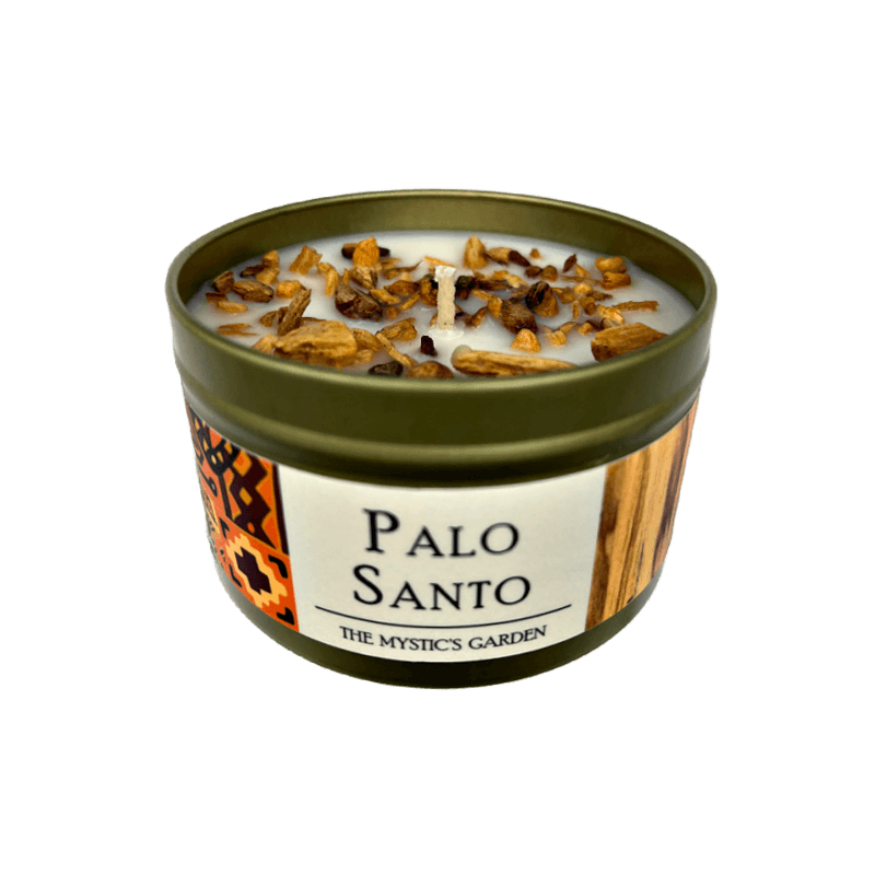 Palo Santo Candle in a gold tin with a white and black text label set on a white background