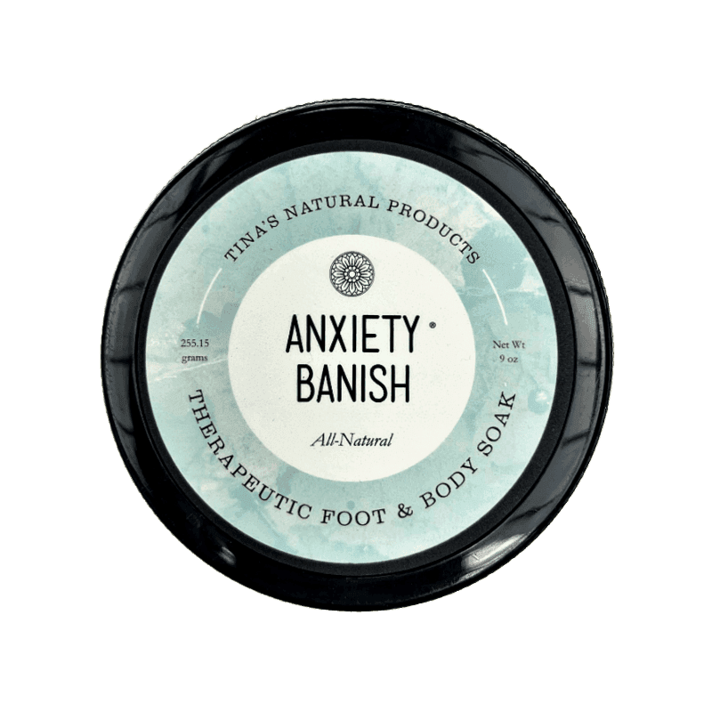 Anxiety Banish Foot and Body Salt Soak Therapy jar set on a black background