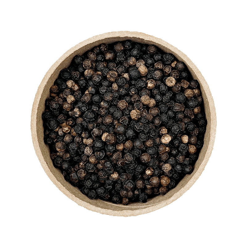 Black Peppercorns in a brown bowl, set against a white background.