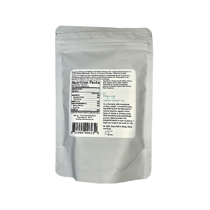 Anxiety Banish Tea in a white pouch with white product label with black text on a white background