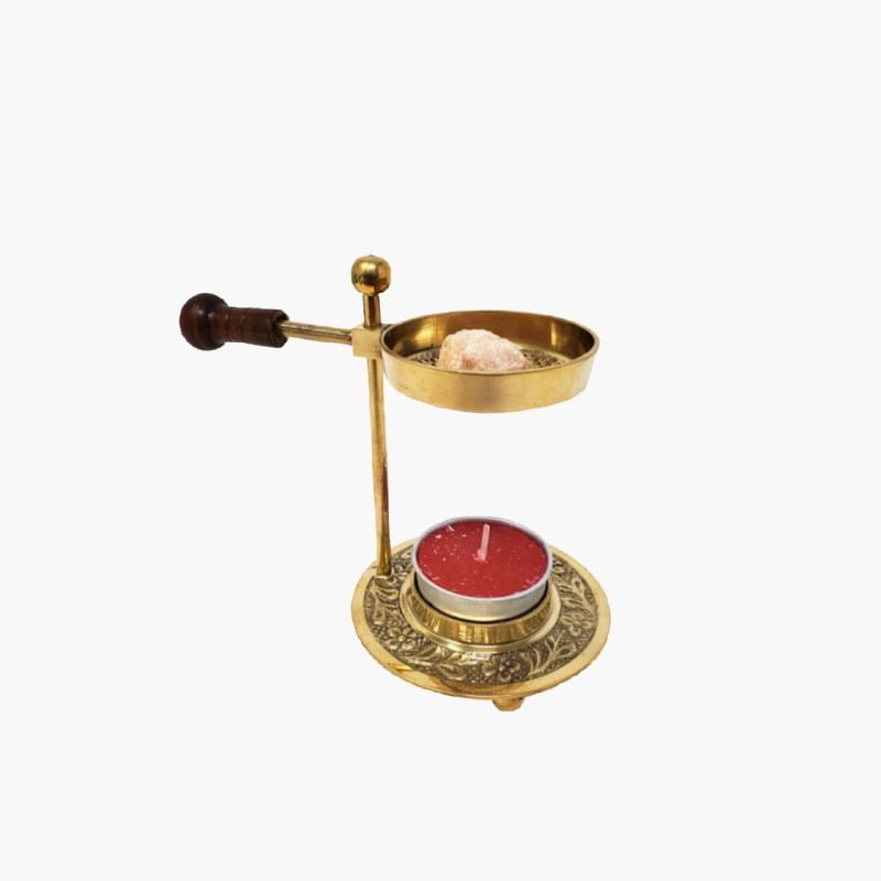 Handcrafted adjustable brass resin burner with wooden knob and tealight candle for charcoal-free aromatherapy