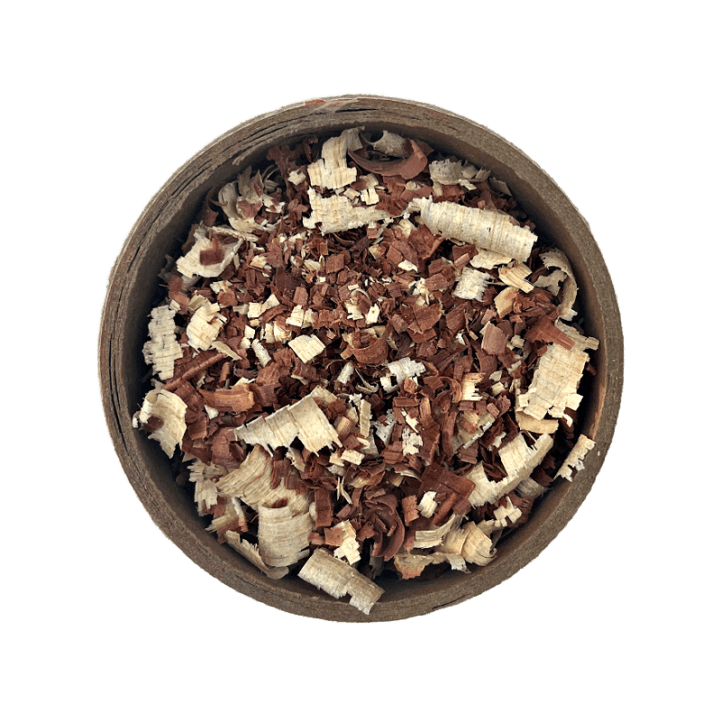Cedarwood shavings in a brown bold set on a white background