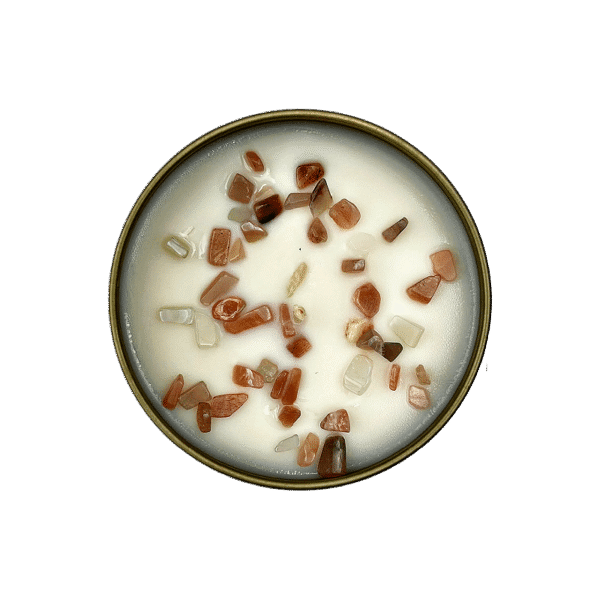 Home Goddess Intention Candle with Moonstone Crystals and Soy Wax top-down view