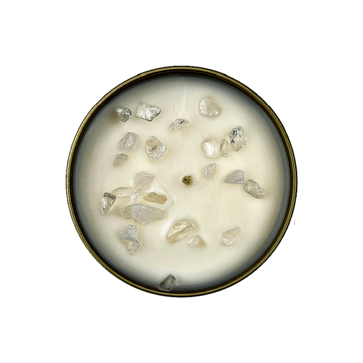 Healing Intention Candle in a gold tin featuring genuine quartz crystals and soy wax.