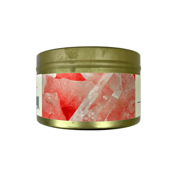 Love candle in a gold tin with pink crystal label set on a white background