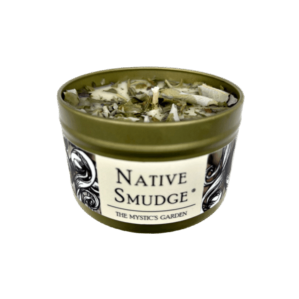Native Smudge Candle Native Smudge candle in a gold tin showing the top and front label set on a white background