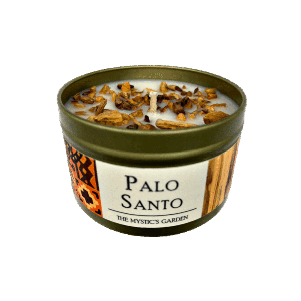 Palo Santo Candle Palo Santo Candle in a gold tin with a white and black text label set on a white background