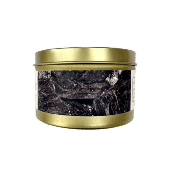 Protection Protection candle in a gold tin with a black crystal label on a white background