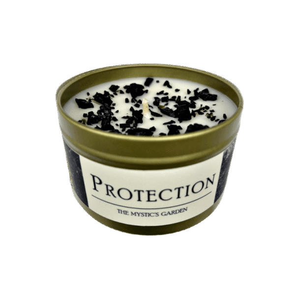 Protection candle in a gold tin with a white label set on a white background