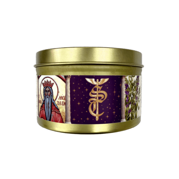 Sacred Cleanse gold candle tin with purple and red label set on a white background