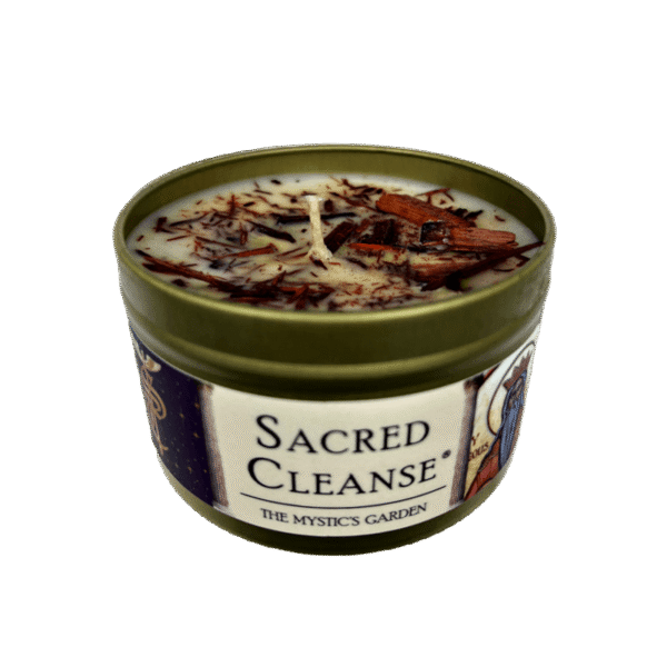 Sacred Cleanse® Sacred Cleanse candle in a gold tin with a white lae=bel set on a white background