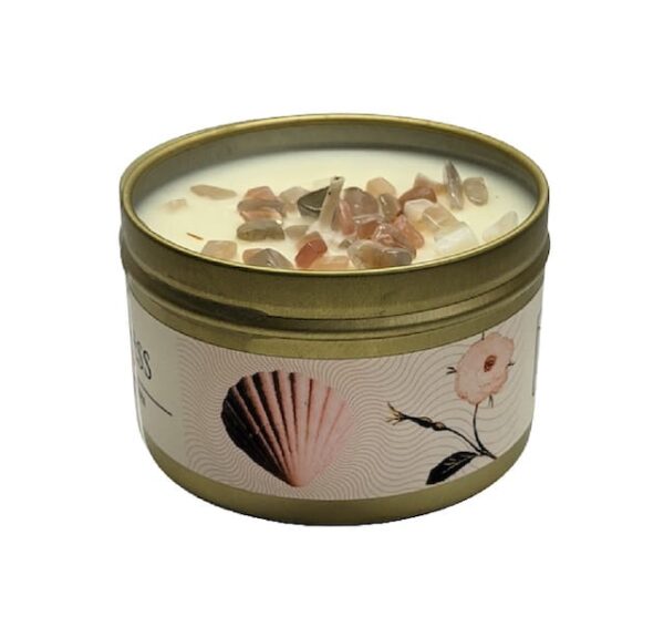 Goddess Candle top and side view with moonstone crystals