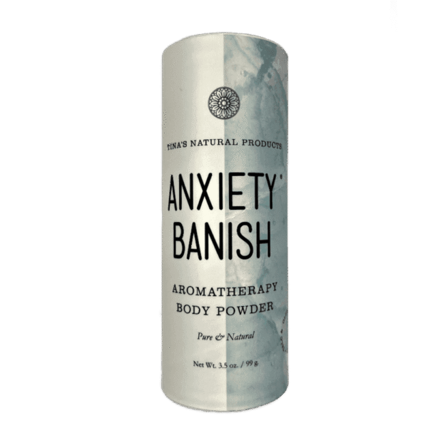 nxiety Banish Aromatherapy Body Powder in a shaker bottle, highlighting its talc-free and natural ingredients.