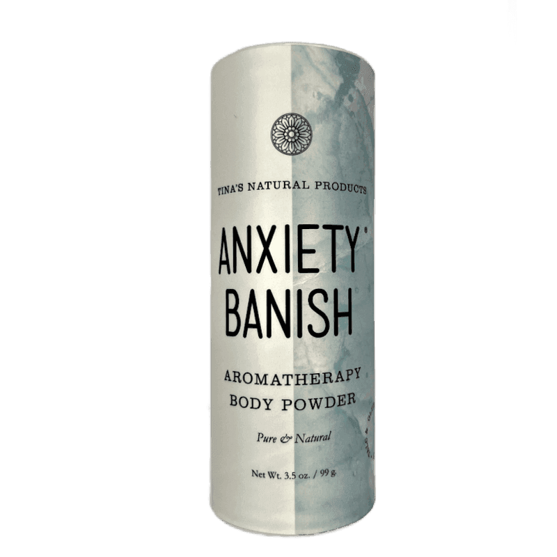 nxiety Banish Aromatherapy Body Powder in a shaker bottle, highlighting its talc-free and natural ingredients.