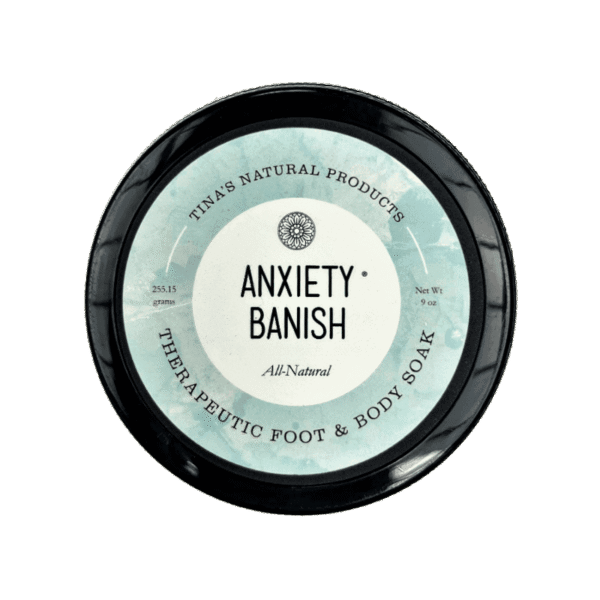Anxiety Banish Foot and Body Salt Soak Therapy jar set on a black background