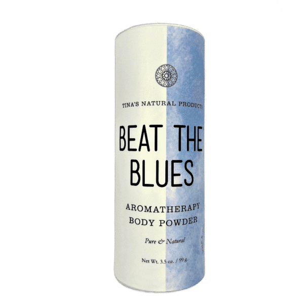 Beat The Blues Aromatherapy Body Powder in a shaker bottle, highlighting its talc-free and natural ingredients.