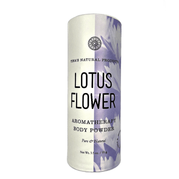 Lotus Flower Aromatherapy Body Powder in a shaker bottle, highlighting its talc-free and natural ingredients.