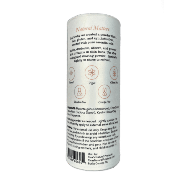 Sandalwood Body Powder label on back of container that is set on a white background
