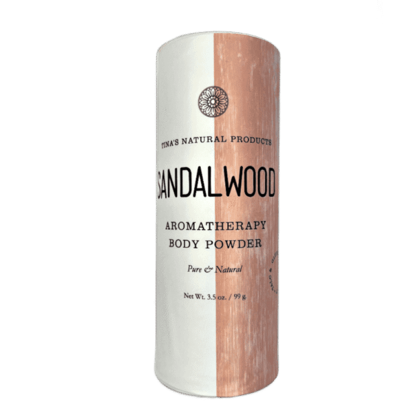 Sandalwood Aromatherapy Body Powder in a shaker bottle, highlighting its talc-free and natural ingredients.