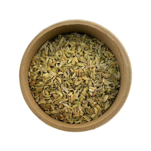 A wooden bowl filled with fennel seeds isolated on a white background.