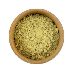 A top view of a wooden bowl filled with Kelp powder, isolated on a white background.