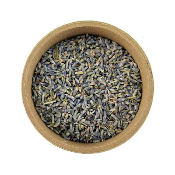 Dried lavender buds in a round brown container against a white background.