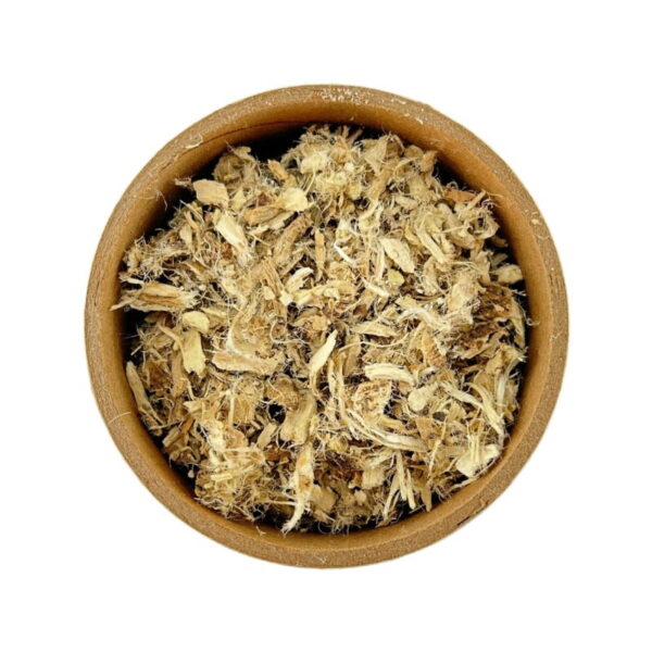 A brown bowl filled with dried marshmallow root on a white background.