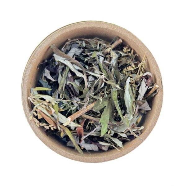 A bowl filled with a mugwort dried herb isolated on a white background.