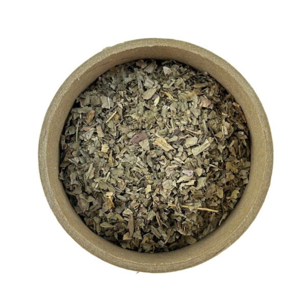 A top-down view of a cardboard container filled with dried plantain leaves.