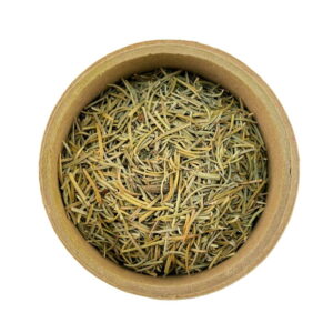 A bowl filled with rosemary leaves isolated on a white background.
