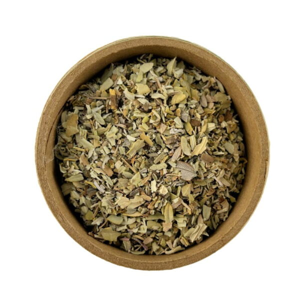 A bowl filled with dried, sage herb leaves isolated on a white background.