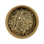 Top view of a round container filled with dried wormwood herb, isolated on a white background.