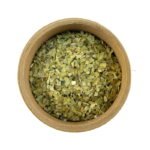 A top view of a brown cardboard container filled with dried, Yerba Mate Herb cut, against a white background.
