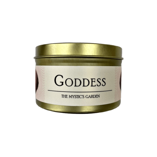 Goddess Side view of Goddess Candle with Moonstone in a gold tin with label
