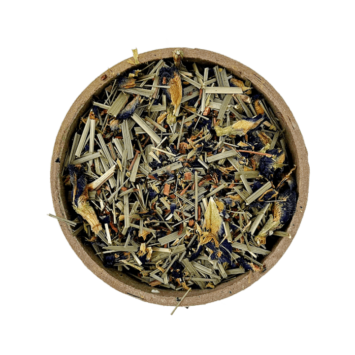 Butterfly Blue Pea Flower tea blend in a brown bowl set on a white background