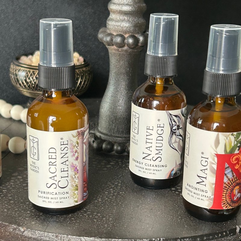 Handcrafted Cleansing and Sacred Sprays for home energy clearing and meditation rituals.